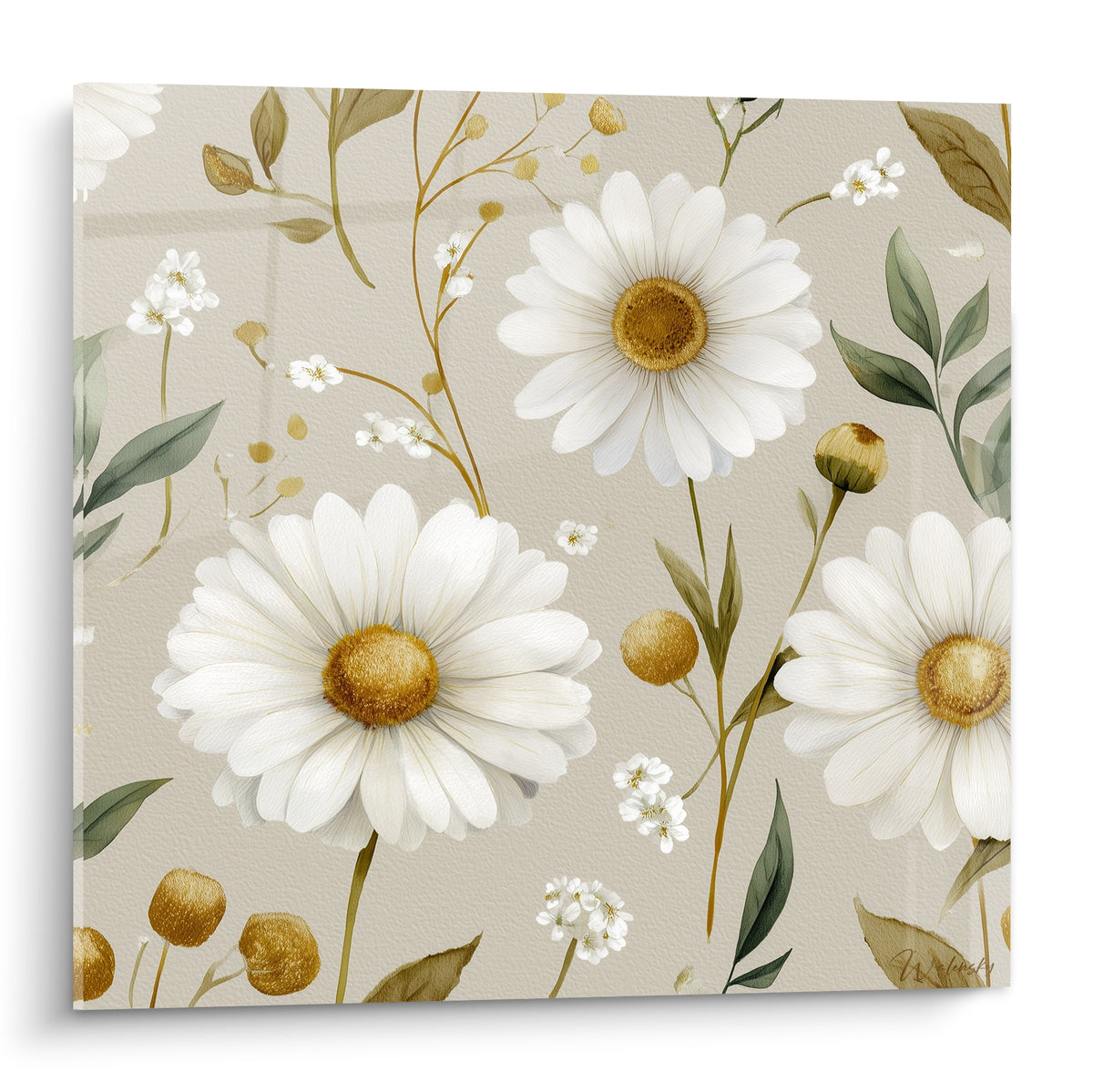 Marguerites blanches aux cœurs dorés sur fond beige, motif floral peint à l'aquarelle