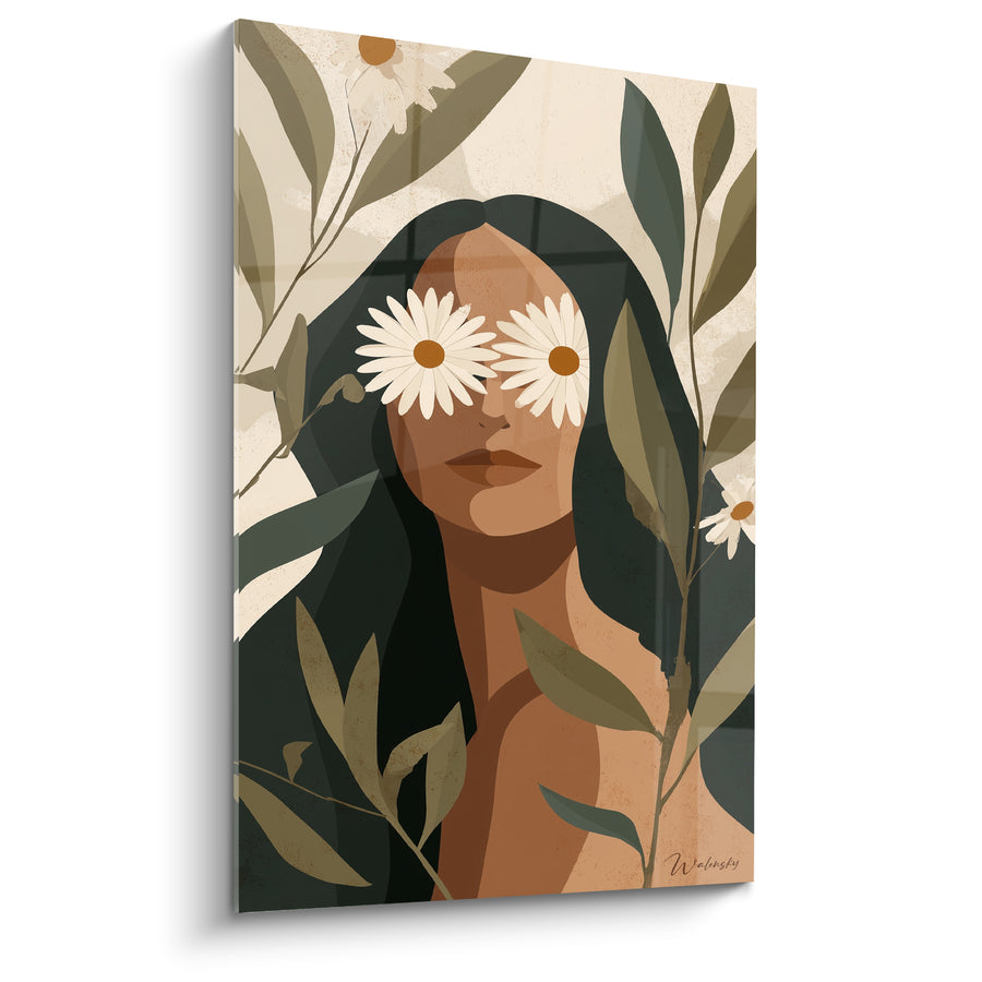 Tableau Portrait vert olive et terracotta aux fleurs blanches - Regard végétal - Edition Marguerite