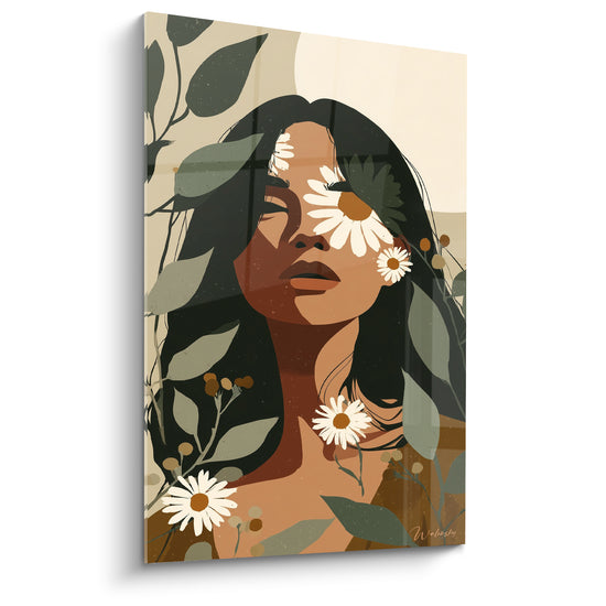 Marguerite en portrait terracotta, yeux clos, feuillage vert sauge et fleurs blanches en aplats graphiques