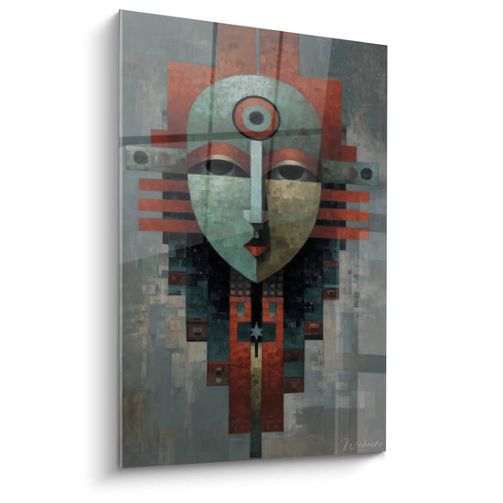 Walensky tableau masque tribal mural abstrait visage géométrique rouge vert pour salon moderne