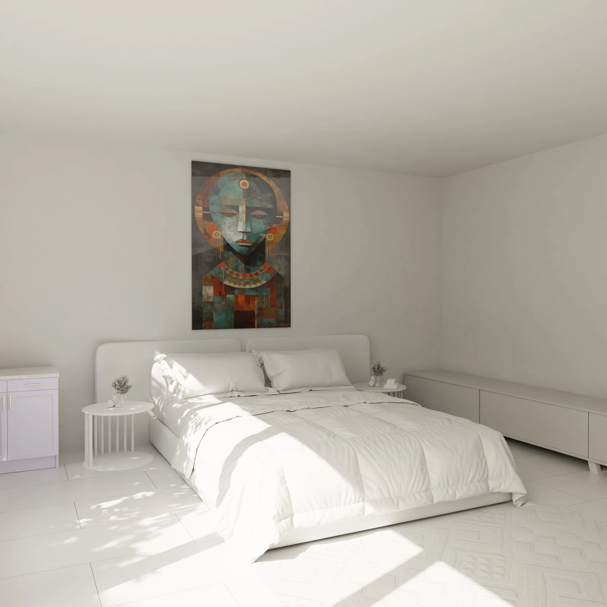Tableau mural Walensky au dessus d un lit minimaliste portrait tribal stylise bleu vert orange tableau art tribal contemporain