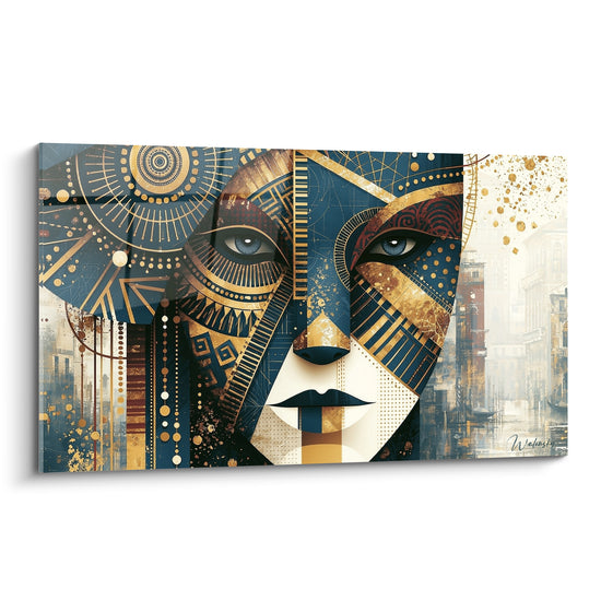 Masque de Venise bleu marine et doré aux motifs géométriques et regard bleu perçant