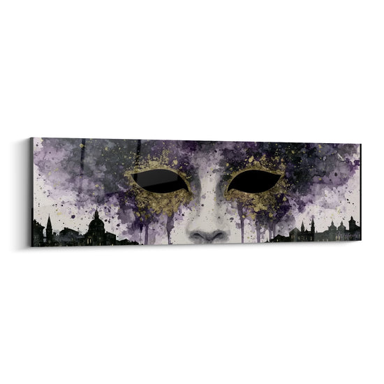 Tableau Visage violet et doré aux silhouettes de clochers - Yeux vides béants - Edition Masque de venise