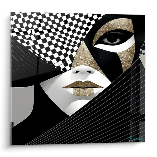 Masque de Venise graphique en noir, blanc et doré avec motif échiquier et œil perçant