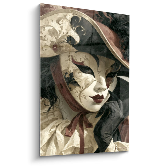 Tableau Masque ivoire et bordeaux au ruban noué - Gant noir sur menton - Edition Masque de venise