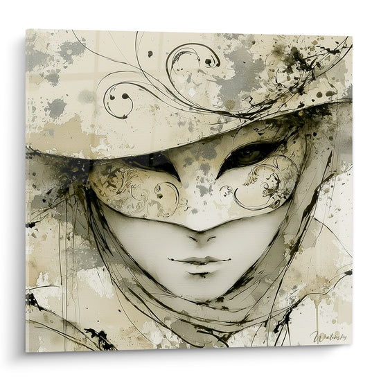 Masque de Venise ivoire aux volutes dorées et éclaboussures anthracite sur toile carrée
