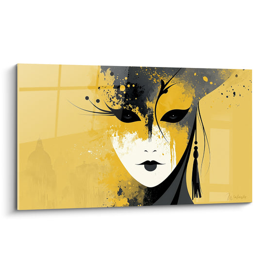 Masque de Venise jaune moutarde et noir, visage blanc éclaboussé de peinture expressive