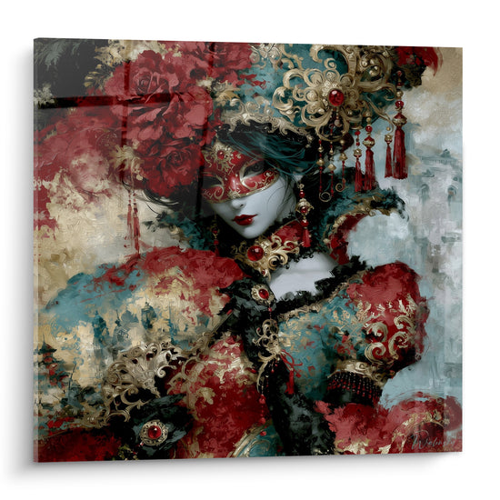 Masque vénitien rouge et doré orné de bijoux, visage pâle, fond floral bleu pétrole et beige