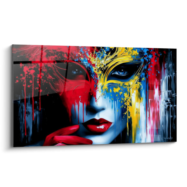 Tableau Visage rouge et jaune aux coulures bleues - Main gantée au menton - Edition Masque de venise