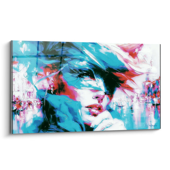 Masque de Venise turquoise et corail, visage féminin voilé aux traits picturaux expressifs