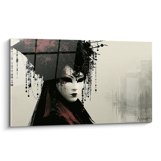 Masque de Venise blanc et noir orné de perles rouges sur fond brumeux ivoire