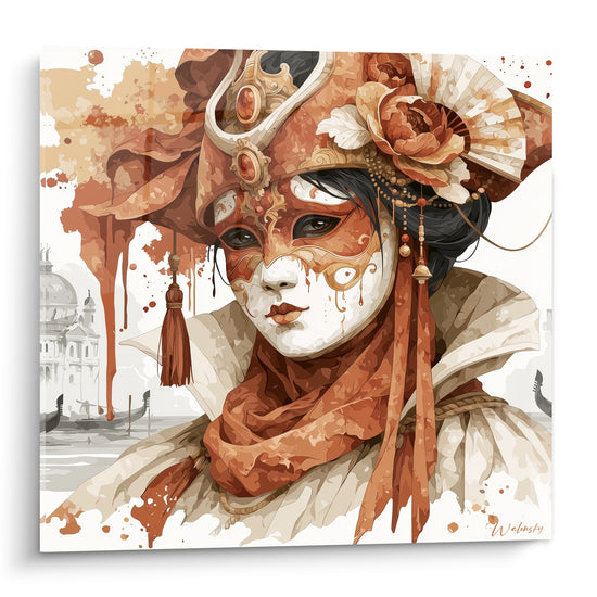 Masque de Venise terracotta et blanc, chapeau orné d'une rose et d'un éventail en dentelle