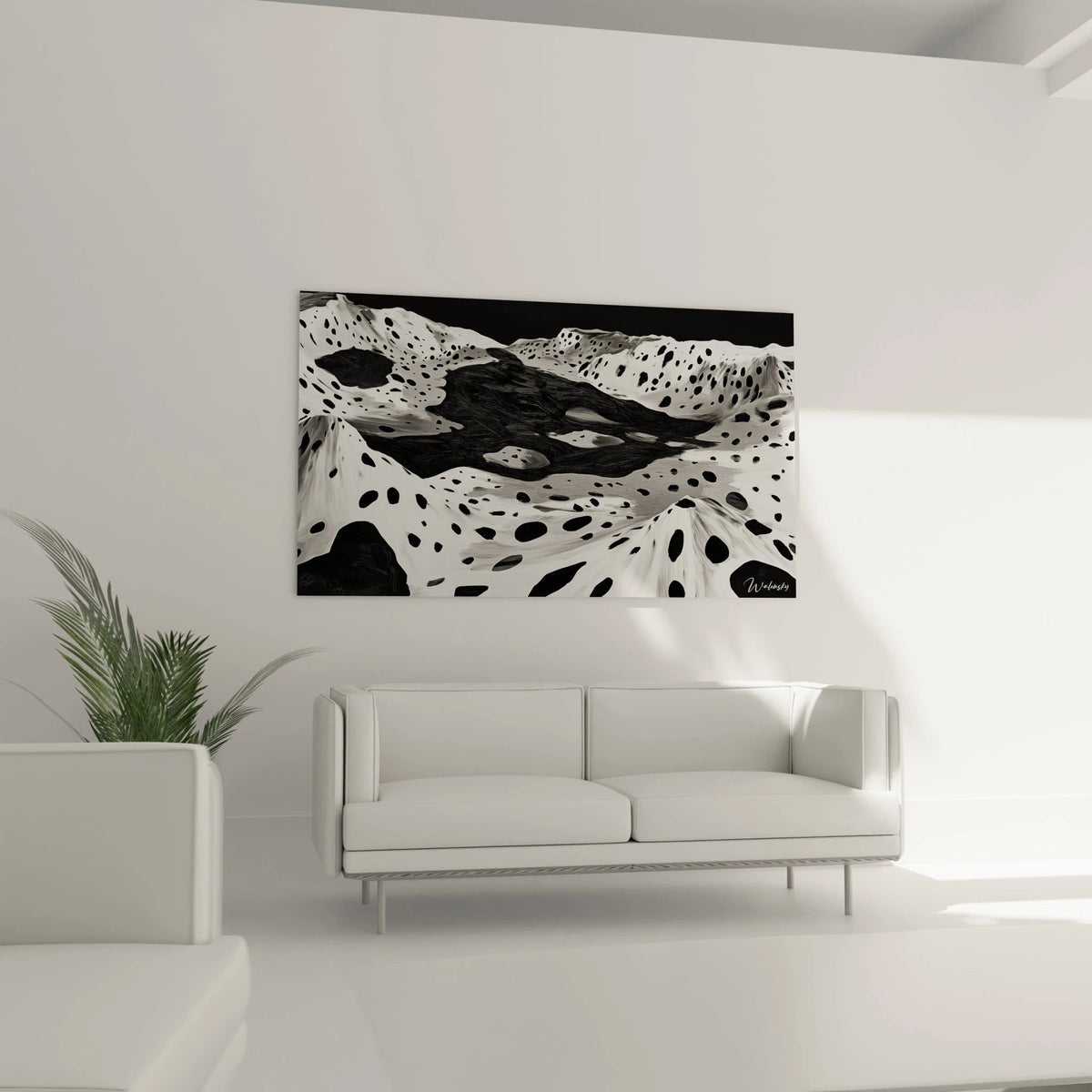 Tableau tacheté noir et blanc de Walensky représentant un paysage abstrait elegant