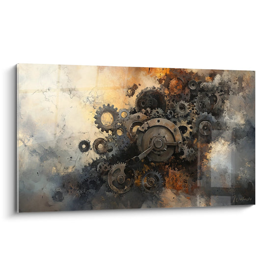 Tableau mural mécanismes rouillés avec engrenages vintage et rouages patinés style industriel