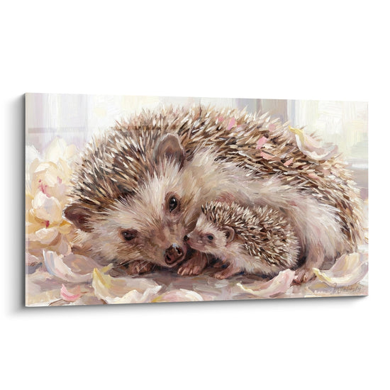 Tableau mere herisson et bebe sur petales roses tons beiges poudr tendresse familiale edition herisson