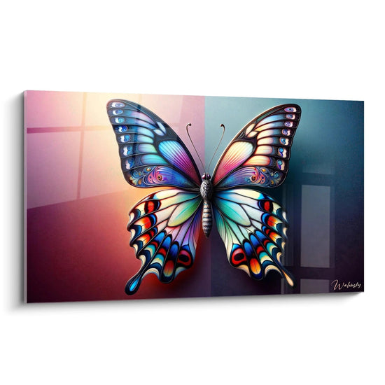 Un tableau d'animal représentant un papillon multicolore aux ailes déployées symétriquement. Les ailes présentent des motifs complexes bleus, rouges, violets, verts et jaunes avec des effets irisés. La texture brillante et détaillée des ailes contraste avec le corps gris argenté. L'arrière-plan divisé entre rose et bleu accentue la dualité chromatique.
