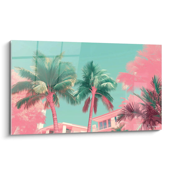 Tableau artistique représentant des palmiers aux troncs roses et frondaisons vertes sur fond turquoise, avec une villa blanche-rose en arrière-plan, créant une ambiance tropicale stylisée aux couleurs contrastées.
