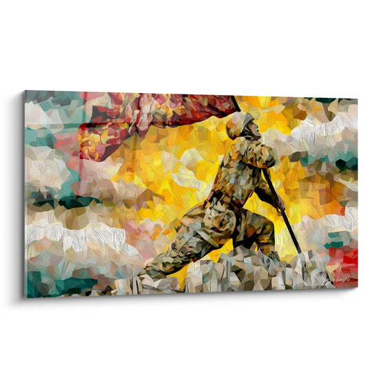 Soldat gravissant des rochers avec un drapeau rouge sur fond jaune ardent, style fragmenté militaire