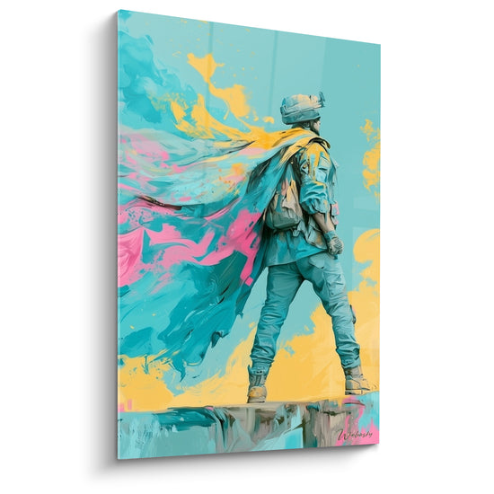 Tableau Soldat cape turquoise et jaune sur promontoire - Éclaboussures roses tourbillonnantes - Edition Militaire