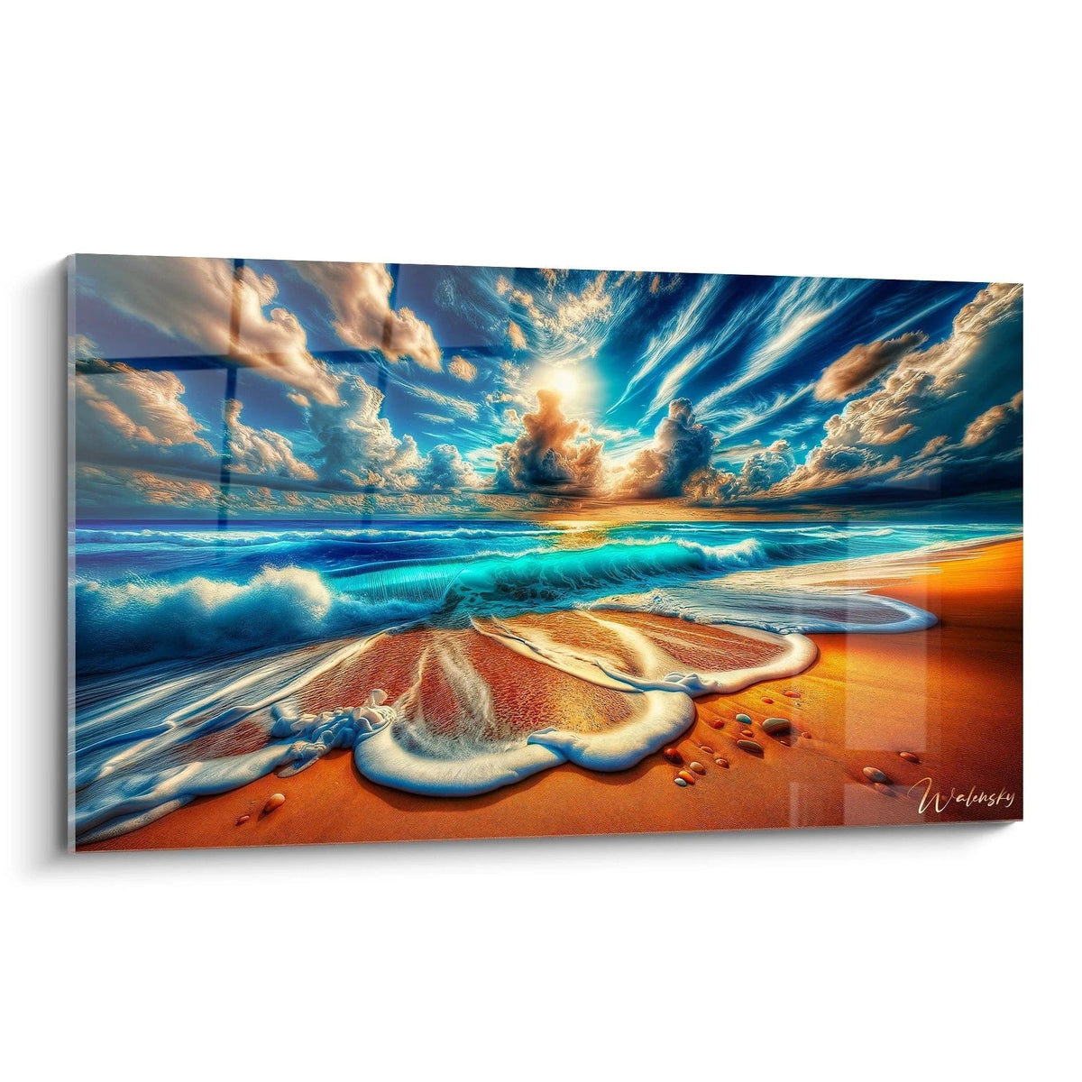 Tableau paysage mural Walensky représentant une plage au coucher du soleil avec des vagues et du sable