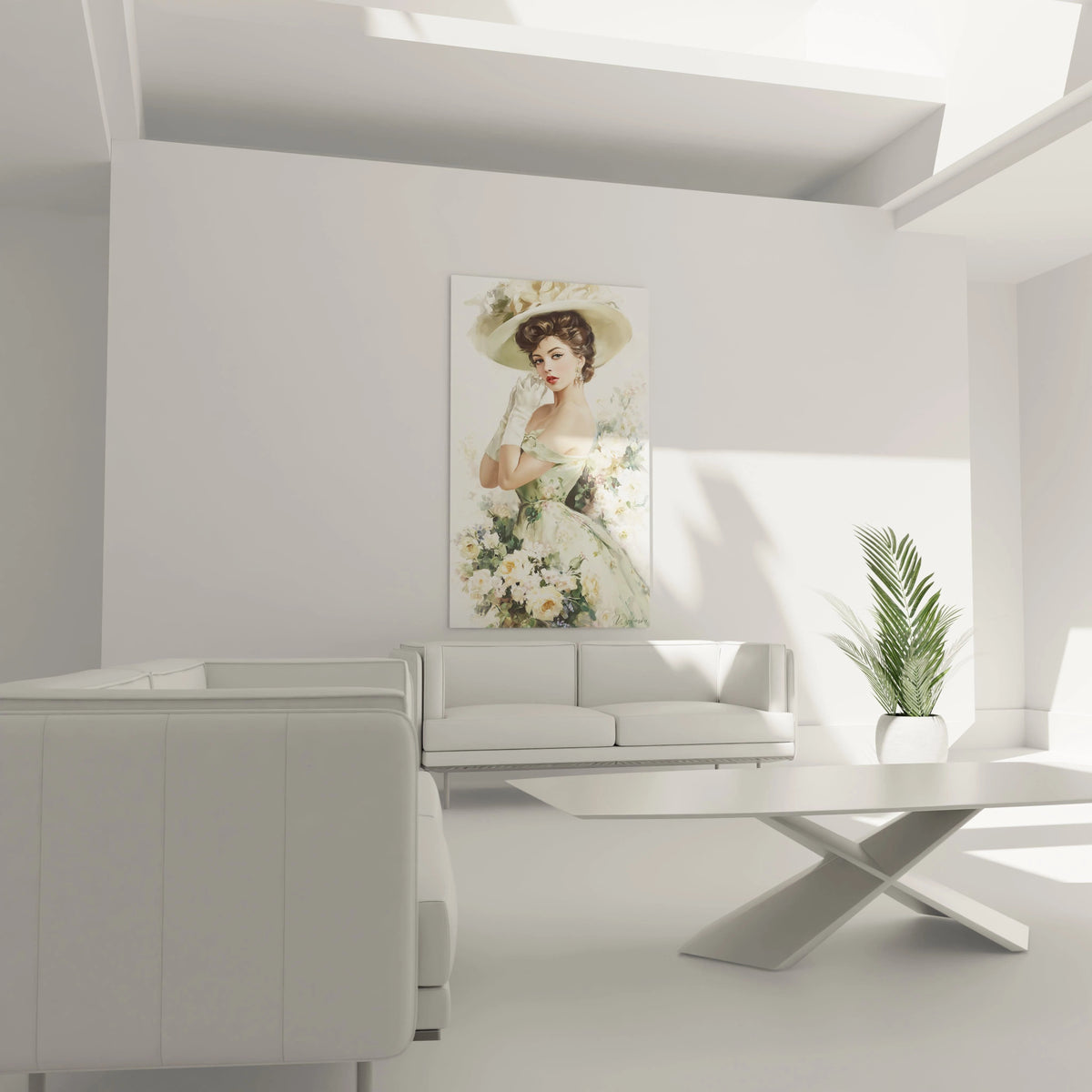 Tableau mural mode vintage femme avec une femme élégante portant un chapeau et entourée de fleurs