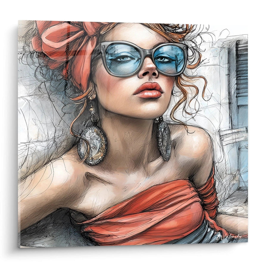 Tableau Mode Féminine - Élégance Rousse aux Lunettes Bleues - édition illustration de mode