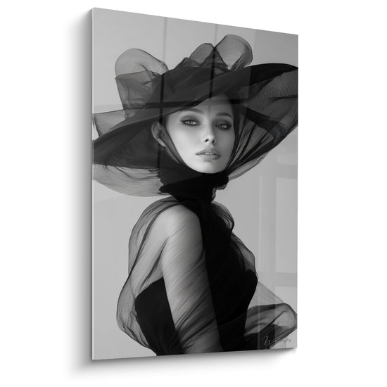 Tableau Femme au grand chapeau de tulle noir - Élégance voilée - Edition Mode noir et blanc