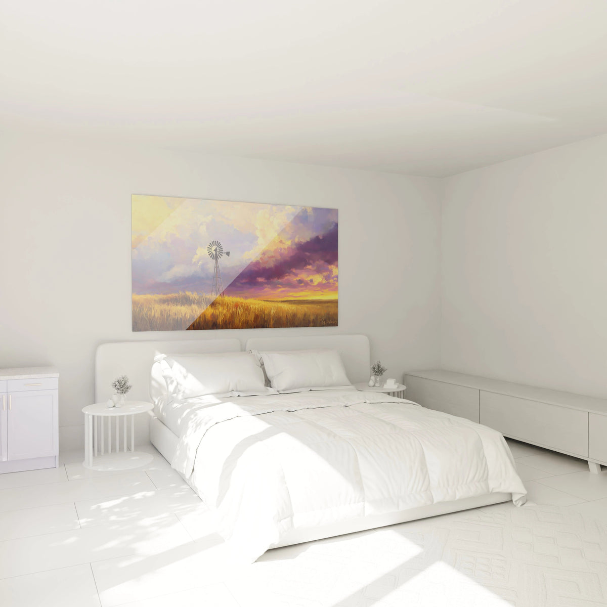 Tableau campagne illustrant une scène rurale paisible où une structure d'éolienne se dresse contre un ciel flamboyant, les épis de blé au premier plan capturés avec des textures dorées ondulantes, créant un contraste saisissant avec les nuances violacées du ciel.
