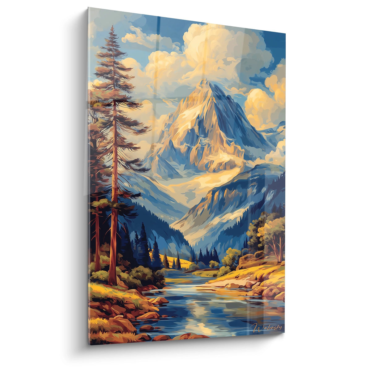 Tableau mural montagne vallée alpine avec rivière serpentant entre rochers et sapins majestueux