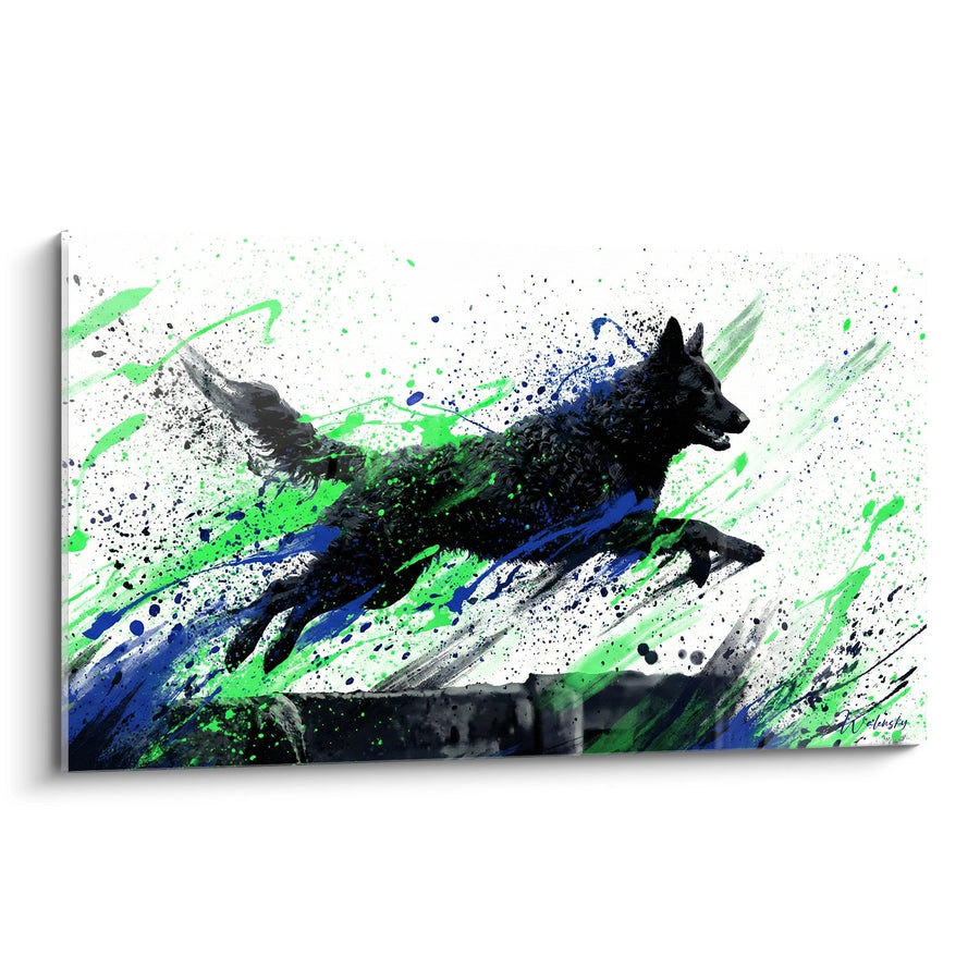 Tableau Mudi Bondissant dans un Tourbillon de Couleurs Vertes et Bleues - Dynamisme Artistique - Edition Mudi