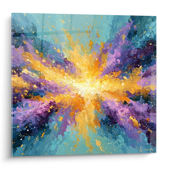 Explosion dorée et turquoise au centre lumineux, éclats violets en périphérie, style abstrait au couteau