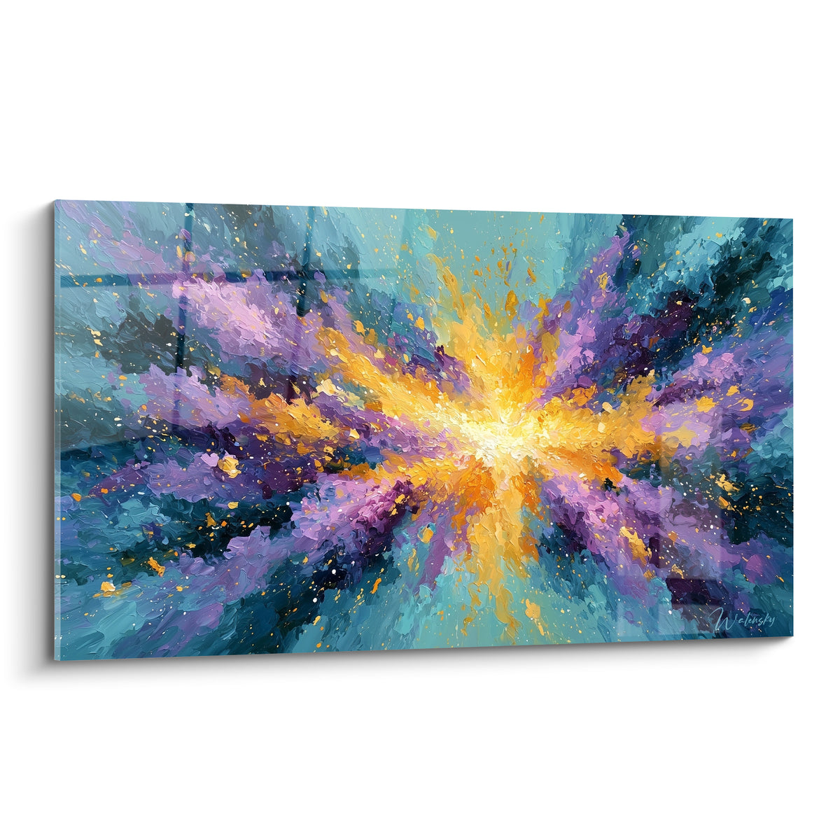 Explosion dorée et violette au centre d'un tableau abstrait sur fond turquoise texturé