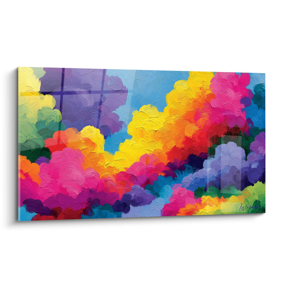 Nuages multicolores en empâtements jaune vif, rose fuchsia et bleu pastel sur toile abstraite