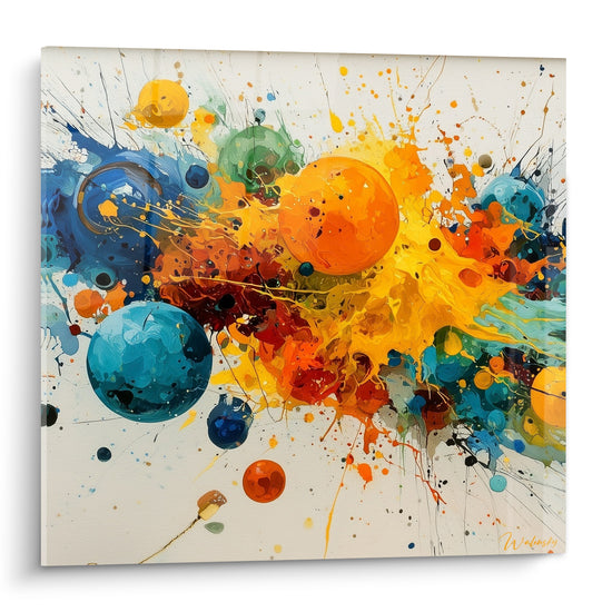 Sphères orange et bleu turquoise éclatées sur fond clair, tableau multicolore abstrait éclaboussé