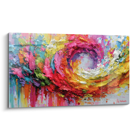 Spirale rose, jaune et violette en empâtement épais sur fond blanc, mouvement circulaire vibrant