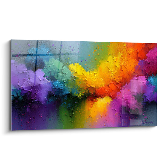 Tableau Multicolore abstrait aux touches violettes, jaunes et orangées appliquées au couteau texturé