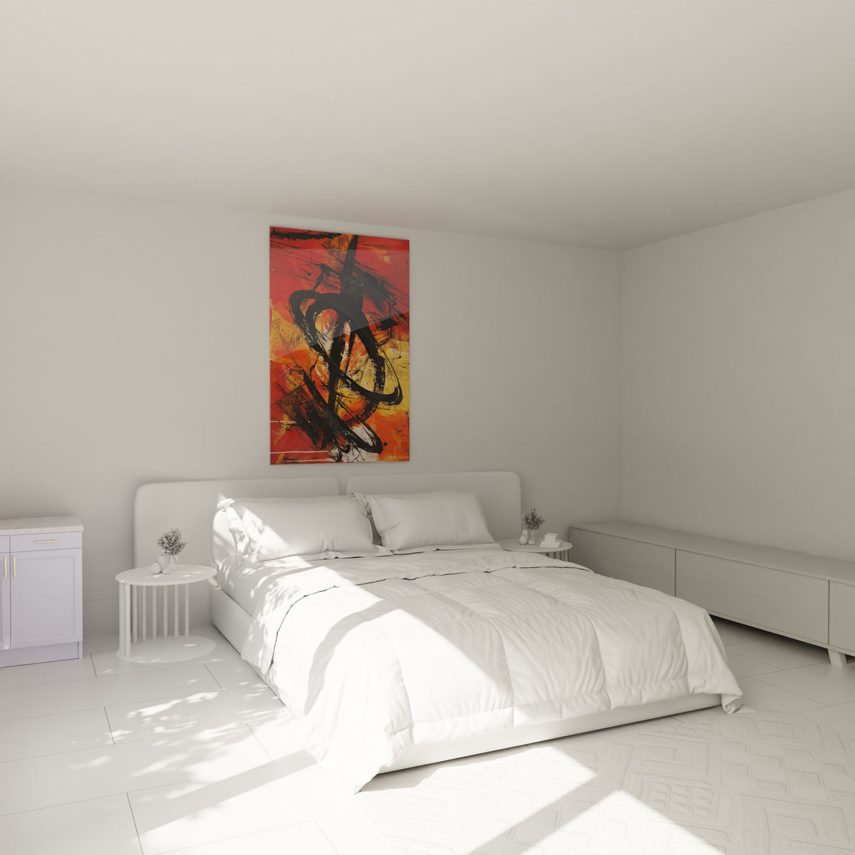 Tableau mural abstrait expressionniste rouge exposé dans chambre moderne avec décoration contemporaine