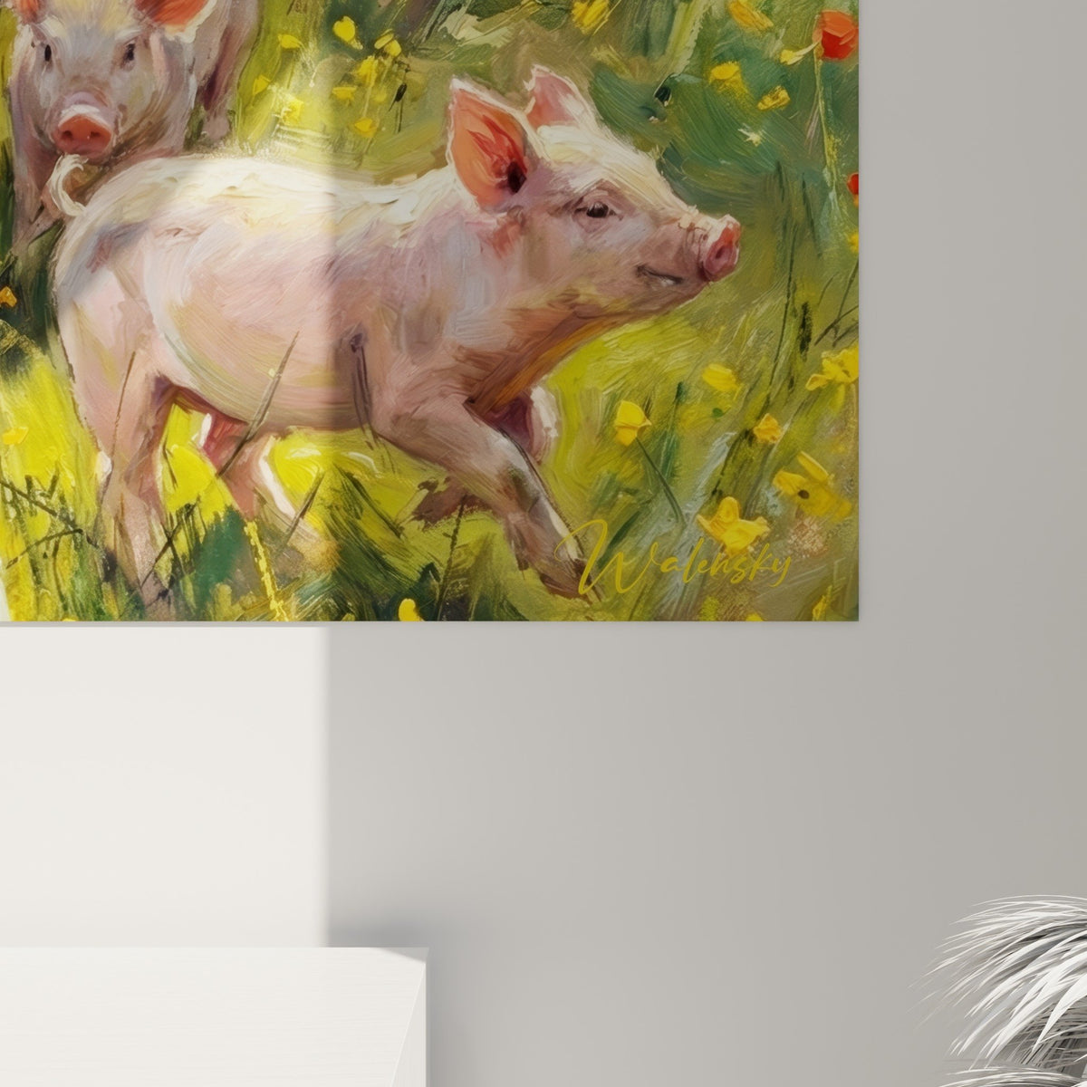 Tableau mural cochons prairie fleurie salon campagnard decoration murale pastorale ambiance bucolique naturelle