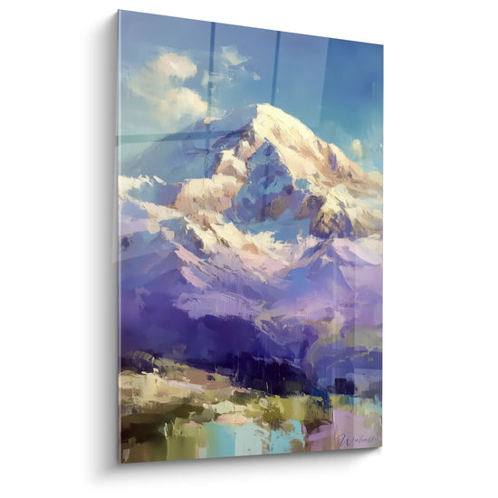 Tableau mural sommet enneigé style impressionniste avec montagne alpine et neige sous ciel bleu