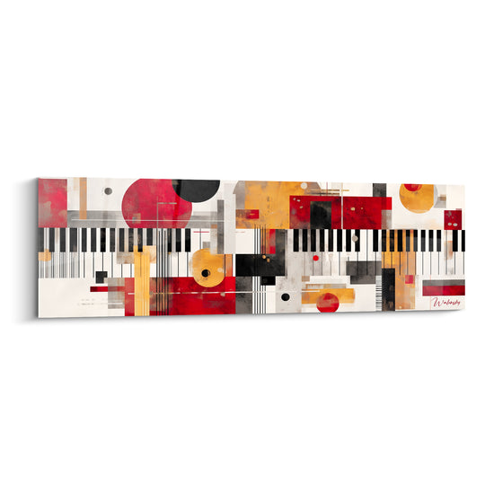 Clavier de piano stylisé en noir et blanc traversé de blocs rouge cardinal et doré chaud