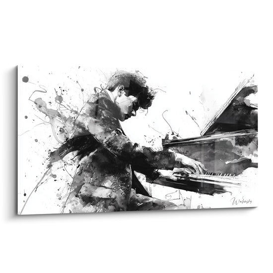 Pianiste en noir et blanc jouant du piano à queue, éclaboussures d'encre anthracite et grise