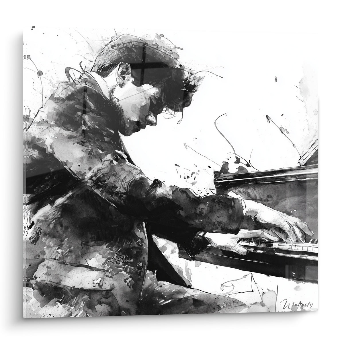 Pianiste penché sur son clavier, encre noire et blanche éclaboussée, geste expressif et intense