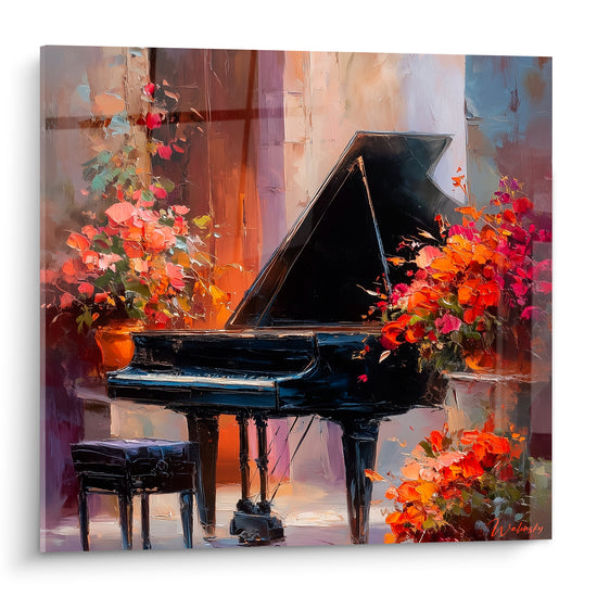 Piano à queue noir laqué entouré de fleurs orangées et pourpres, scène de Musique aux touches expressives