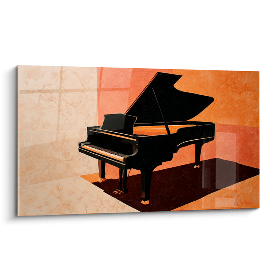 Piano à queue noir capot ouvert sur fond ocre et terracotta, lumière géométrique diagonale