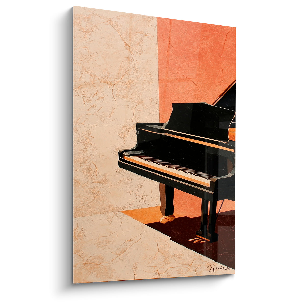 Piano à queue noir laqué sur fond terracotta et ivoire, jeu d'ombre ocre au sol
