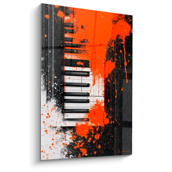 Clavier de piano éclaboussé d'orange vif et de blanc sur fond noir anthracite texturé