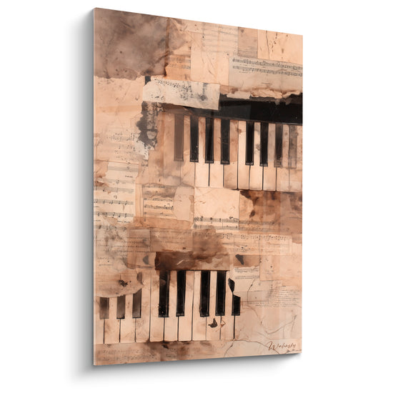 Clavier de piano en noir et beige surgissant de partitions sépia déchirées et tachées