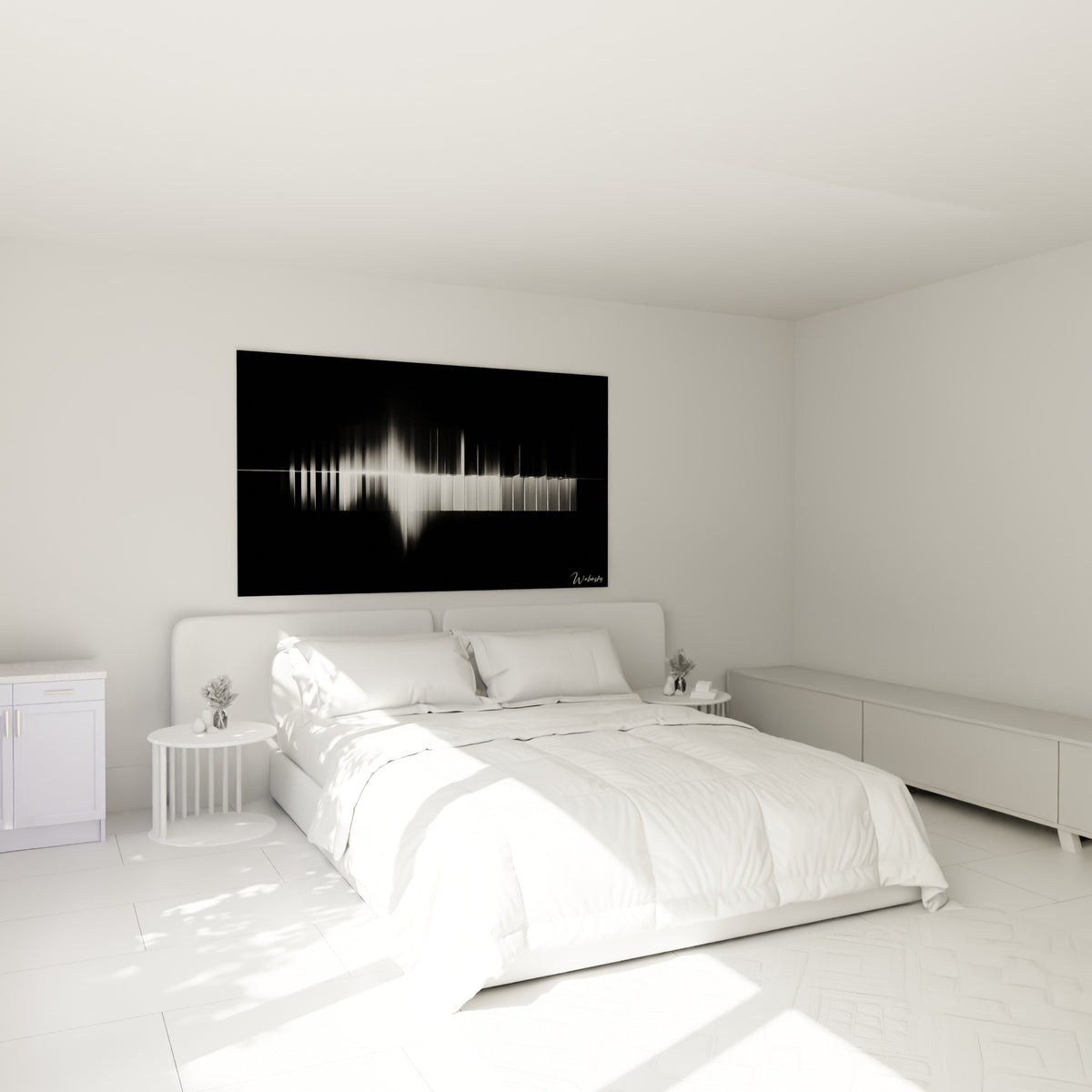 Piano musique noir et blanc vibrant, accroché au-dessus d'un lit dans une chambre claire