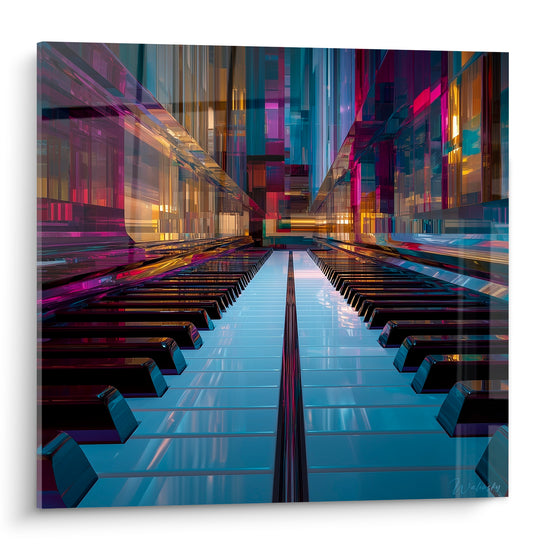 Clavier de piano Musique en perspective infinie, touches violettes, dorées et bleu nuit vibrantes
