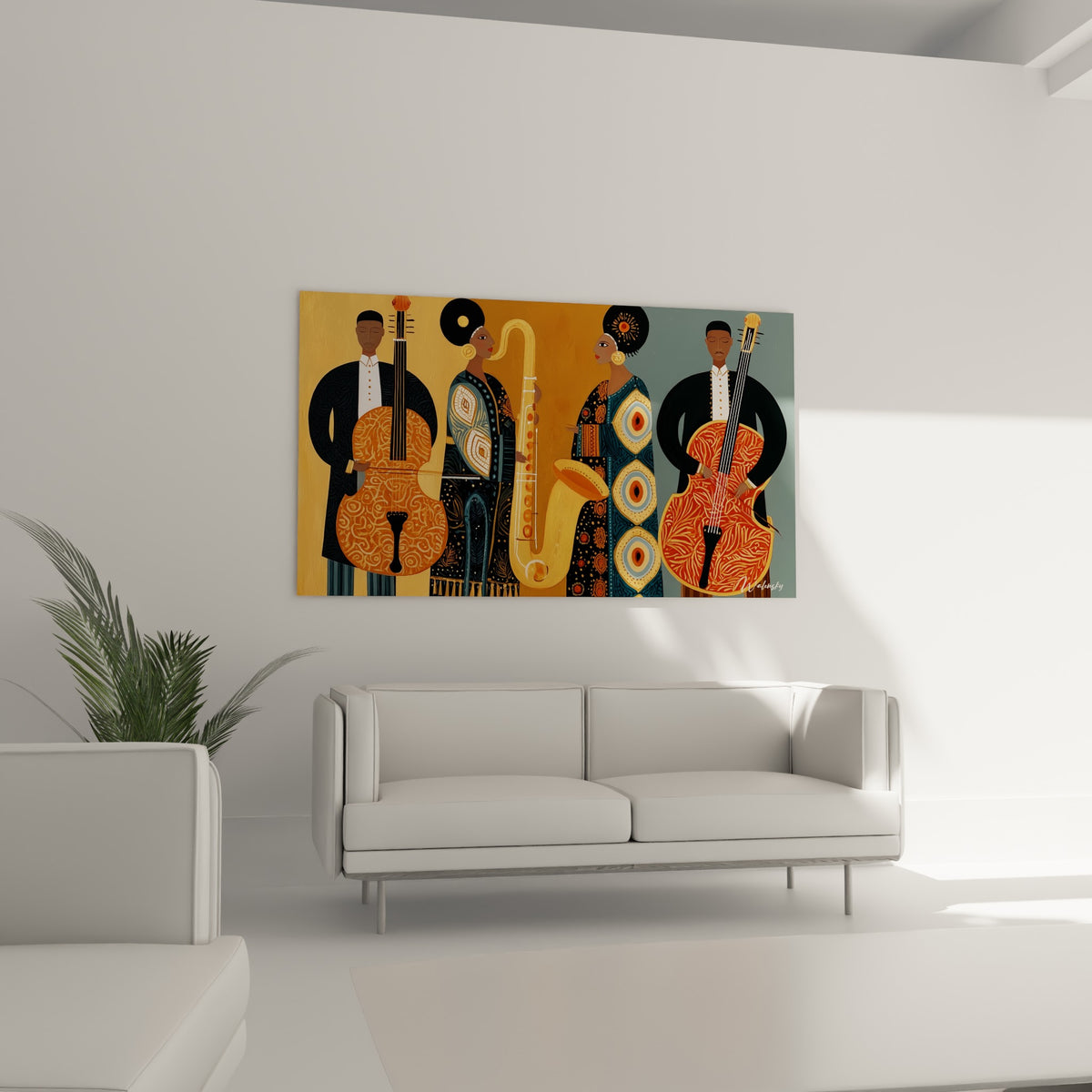 Silhouettes de Musique en terracotta et bleu pétrole, suspendues au-dessus d'un canapé dans un salon lumineux